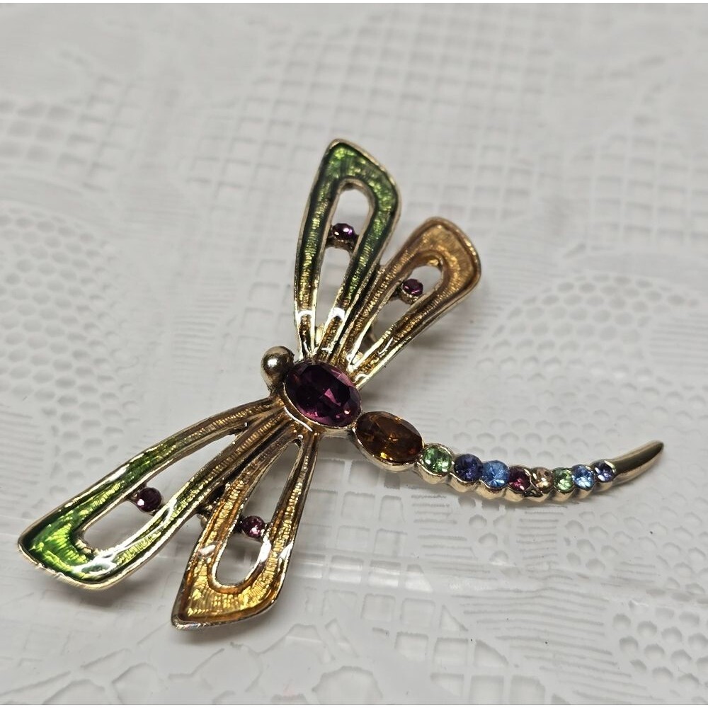 Monet Signed Dragonfly Multicolor Rhinestones Brooch Vintage Boho Summer Spring - Picture 3 of 9